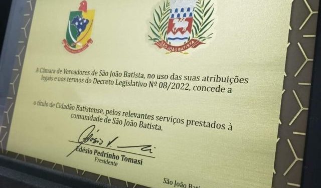 Câmara de São João Batista entregará títulos de Cidadão Batistense