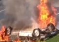 Após capotar carro pega fogo na BR-101 em Itapema