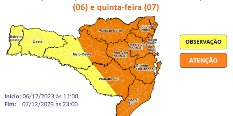 Defesa Civil alerta para temporais com chuva intensa entre quarta e quinta-feira