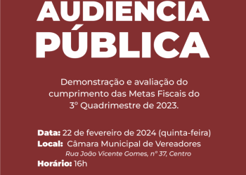 Audiência pública para prestação de contas do 3º quadrimestre de 2023 será no dia 22 de fevereiro
