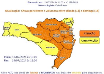 Chuva persistente e volumosa entre sábado (13) e domingo (14)