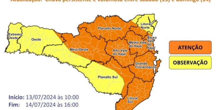 Chuva persistente e volumosa entre sábado (13) e domingo (14)