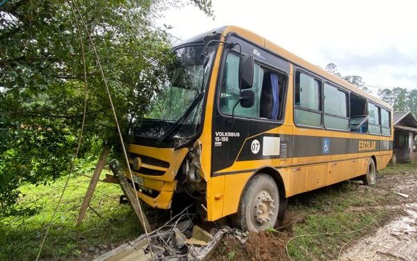 Motorista de ônibus escolar fica ferido após colidir em poste