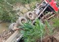 Caminhão carregado de toras tomba após saída de pista em Major Gercino