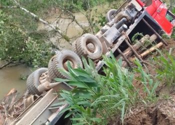 Caminhão carregado de toras tomba após saída de pista em Major Gercino