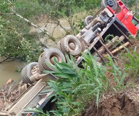 Caminhão carregado de toras tomba após saída de pista em Major Gercino
