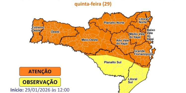 Atualização: Atenção Meteorológica SDC/SC 29/01 08:50 – Temporais com chuva intensa entre a tarde e a noite da quinta-feira (29)