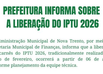 Prefeitura de Nova Trento informa sobre a liberação do IPTU 2026