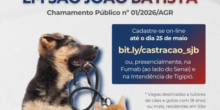 Prefeitura de São João Batista lança edital com 881 vagas gratuitas para castração de cães e gatos