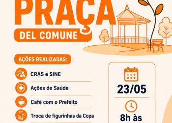 Sábado na Praça Del Comune terá CRAS e SINE, ações de Saúde, Café com o Prefeito, troca de figurinhas da Copa e inscrições do Pet Levado a Sério, em Nova Trento