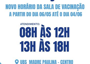 Sala de Vacinação em Nova Trento terá alteração no horário de atendimento entre os dias 06 de maio e 04 de junho