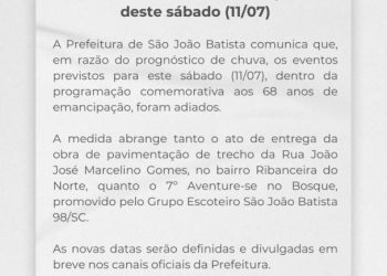COMUNICADO IMPORTANTE – Adiamento da programação deste sábado (11/07)