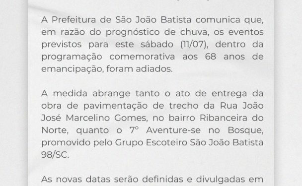 COMUNICADO IMPORTANTE – Adiamento da programação deste sábado (11/07)