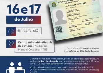 São João Batista promoverá mutirão para emissão de carteiras de identidade nos dias 16 e 17 de julho