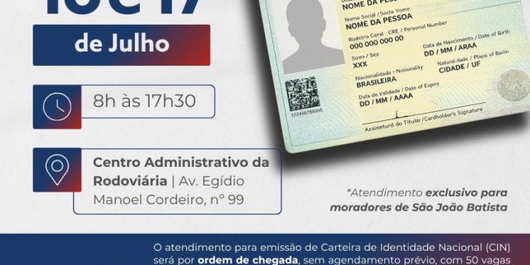 São João Batista promoverá mutirão para emissão de carteiras de identidade nos dias 16 e 17 de julho